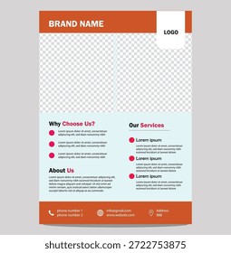 Diseño de volante promocional creativo para comunicación visual. Un diseño de volante promocional creativo diseñado para mejorar la comunicación visual. La disposición del texto y las Imágenes guía la atención de forma natural en todo el diseño. La tipografía limpia y el espaciado estructurado mejoran la legibilidad. Adecuado para campañas promocionales, carteles y anuncios digitales. El diseño se puede ajustar fácilmente a diferentes temas visuales manteniendo la armonía visual.

Plantilla Corporativa del volante del negocio con los acentos anaranjados y el fondo transparente