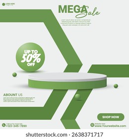Creative Promotional Poster with Discount Badge and Product Stage. Minimalist Green color 3D Podium Design with New Collection Sale Template. Sale Event Product Display with Bold Typography and Podium