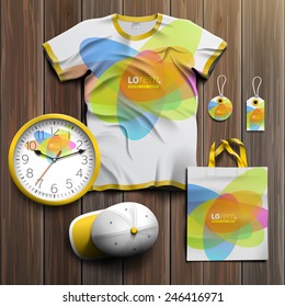 Creative promotional souvenirs design for corporate identity with color round elements. Stationery set
