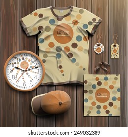 Creative promotional souvenirs design for corporate identity with round pattern element. Stationery set