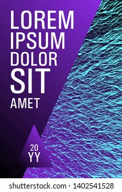Creative publication cover page. Proton purple and cyan blue esports texture. Buoyant wavy flux background pattern.