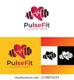 Kreatives PulseFit-Logo mit Hantel-Herzkonzept für Fitnessstudios, Personal Trainer, Fitnessstudios und Trainingsmarken, die sich auf Kraft und gesundes Lifestyle-Gleichgewicht konzentrieren.