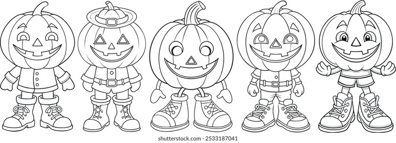 Creative pumpkin characters ready for Halloween festivities, isolated, set, collection