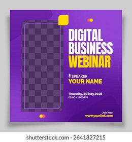 Creative purple flyer with vibrant style. Perfect for marketing webinars, influencer events, and social media campaigns.