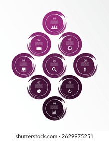 Creative purple infographic template with 9 steps, options, parts or processes. Presentation of teamwork or business processes.