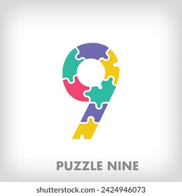 Creative puzzle number 9 logo. Unique color transitions. Education and reading and growth stage logo template. vector