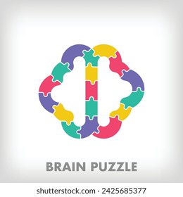 Kreative Puzzleteile Gehirn-Logo. Einzigartige Farbübergänge. Bildungs-, Lese- und Wachstumsphase Logo-Vorlage. Vektor