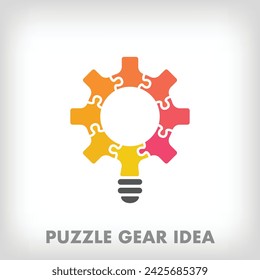 Creative puzzle pieces gear and light bulb logo. Unique color transitions. Education idea, reading and growth stage logo template. vector
