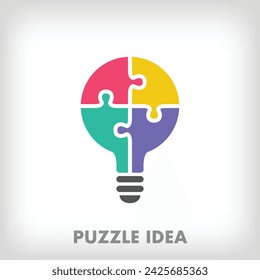 Creative puzzle pieces and light bulb logo. Unique color transitions. Idea and development stage logo template. vector