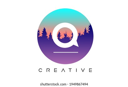 Creative Q Letter Logo Design with Pine Forest Vector Shapes and Pastel Circular shape Color Illustration