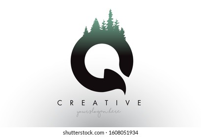 Creative Q Letter Logo Idea With Pine Forest Trees. Letter Q Design With Pine Tree on TopVector Illustration.