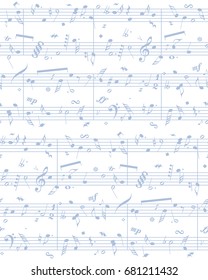 Creative quaver stave sing sonata on white fond. Blue ink hand drawn icon in artistic retro style on light page. View closeup with space for text