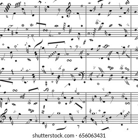 Creative quaver stave sonata on white fond. Black ink hand drawn icons in artistic retro style