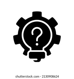 Creative question black glyph icon. Lightbulb and gear. Invention and innovation idea. Finding alternative solution. Silhouette symbol on white space. Solid pictogram. Vector isolated illustration