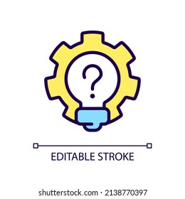Creative question RGB color icon. Lightbulb and cogwheel. Invention work and innovation idea. Isolated vector illustration. Simple filled line drawing. Editable stroke. Arial font used