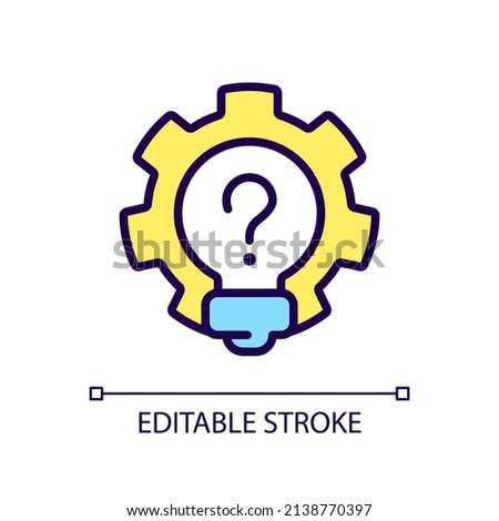 Creative question RGB color icon. Lightbulb and cogwheel. Invention work and innovation idea. Isolated vector illustration. Simple filled line drawing. Editable stroke. Arial font used