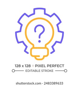 Creative question two color line icon. Lightbulb, gear and question mark bicolor outline symbol. Brainstorming. Innovative solution. Duotone linear pictogram. Isolated illustration. Editable stroke