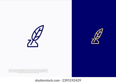Creative quill classic signature feather ink pen. Writer, lawyer, law firm symbol. Vector design template