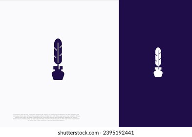 Creative quill classic signature feather ink pen. Writer, lawyer, law firm symbol. Vector design template
