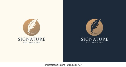creative quill signature logo template in negative space circle frame. luxury signature pen feather.