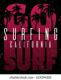  Creative quote typographical background "go surf"  with silhouettes of palms. Template for card, poster, banner, print for t-shirt.