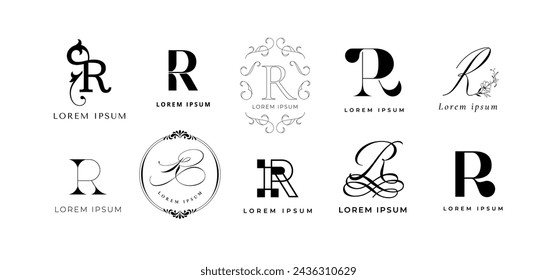 Creative R emblem. Letter r monogram for romantic, retro or rainbow style branding template. Business name initial vector icon set. Classic, minimalistic and antique styles of logo