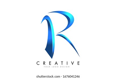 Creative R letter logo with Blue 3D bright Swashes. Blue Swoosh Icon Vector Illustration.
