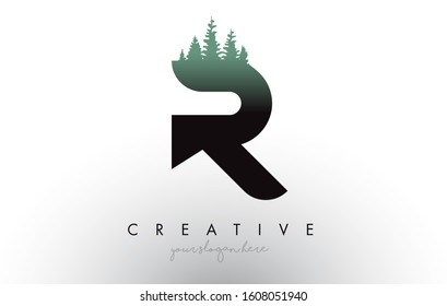 Creative R Letter Logo Idea With Pine Forest Trees. Letter R Design With Pine Tree on TopVector Illustration.