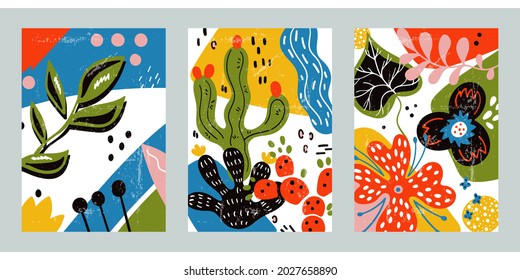 Creative rainbow aesthetic vintage style posters. A4 vertical illustrations. Set of three minimalist abstract backgrounds with grunge texture, flowers, dots, leaves, plants. Colorful painting.