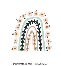Creative rainbow with flowers, leaves. Childish print for apparel, poster, nursery decoration. Vector illustration
