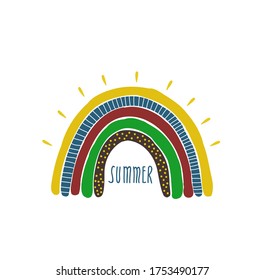 Creative rainbow illustration in hand drawn style. Colorful print with doodle lettering. Summer time print for children.