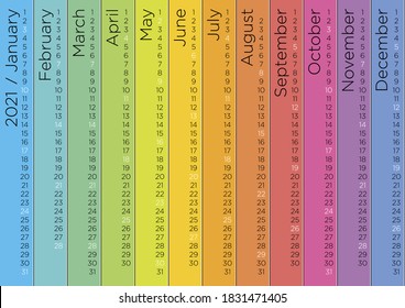 Creative rainbow linear calendar 2021, sundays holidays. Editable vector template for print design.