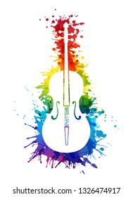 Creative rainbow musical illustration. Vector decoration element with white violine silhouette and rainbow paint splashes