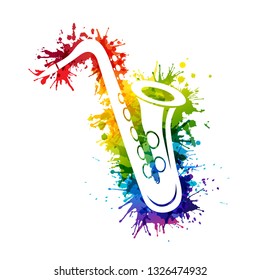 Creative rainbow musical illustration. Vector decoration element with white saxophone silhouette and rainbow paint splashes