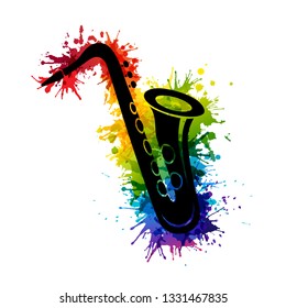 Creative rainbow musical illustration. Vector decoration element with black saxophone silhouette and rainbow paint splashes