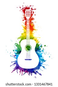 Creative rainbow musical illustration. Vector decoration element with white guitar silhouette and rainbow paint splashes