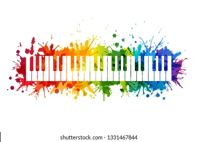 Creative rainbow musical illustration. Vector decoration element with piano silhouette and rainbow paint splashes