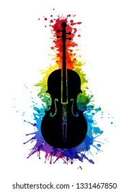 Creative rainbow musical illustration. Vector decoration element with black violine silhouette and rainbow paint splashes