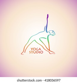 Creative rainbow yoga logo. Isolated woman's silhouette doing yoga pose. Yoga concept design.