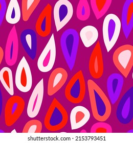 Creative raindrops seamless pattern on pink background. Abstract red water drops wallpaper. Vivid doodle rain backdrop. Design for fabric, textile print, wrapping, cover. Vector illustration