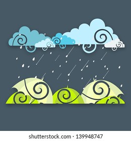 Creative Rainy Jahreszeit Hintergrund mit Wolken, Regentropfen und Regenschirmen.