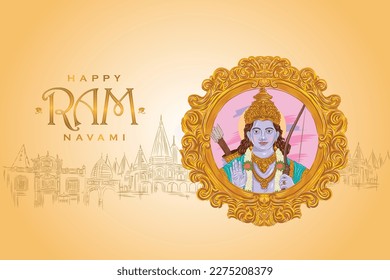 Creative Ram Navami Feierlichkeiten mit der Illustration von Lord Rama mit Bogen und Pfeil.