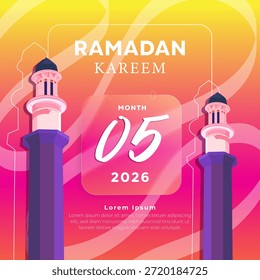 Cartaz criativo Ramadã 2026 com efeito de calendário glassmorphism e mesquita vetor plana na moda. Visual de alta qualidade para marketing sazonal religioso, postagens de mídia social e necessidades de impressão editorial. 2026