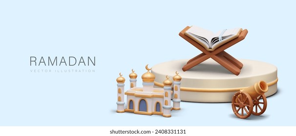 Creative Ramadan concept in realistic style. Holy book of Muslims on round podium, mosque, cannon. Studying Quran. Islamic holiday. Modern web design template