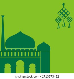 Creative Ramadan or Ied Mubarak greeting card decorated with mosque silhouette and kind of food made from rice stuffed into braid of coconut leaves and space to write greetings