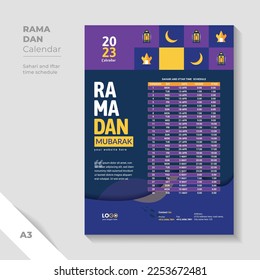 Creative Ramadan iftar schedule Calendar for 2023. Unique design background.