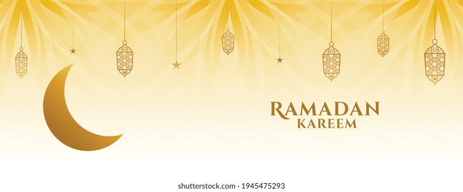 pancarta creativa ramadan kareem con luna y lámparas decorativas