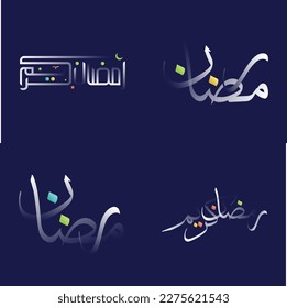 Paquete de caligrafía creativo Ramadan Kareem con efecto brillante blanco con ilustraciones multicolores para celebraciones islámicas