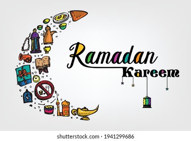 Creative Ramadan Kareem concept with Cartoon Crescent Moon made of Items. Editable Clip Art.