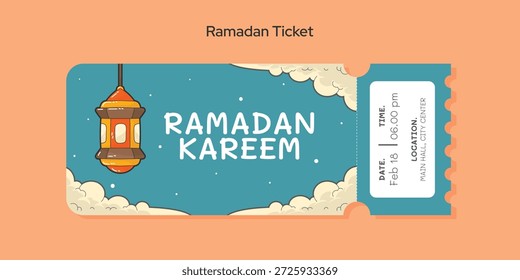Creative Ramadan Kareem event ticket template featuring a beautiful hanging lantern illustration in a warm and festive atmosphere. Perfect for Ramadan events, iftar gatherings, mosque activities, Islamic festivals, and special celebrations. Ideal for event tickets, invitations, vouchers, and digital or print Ramadan promotions.